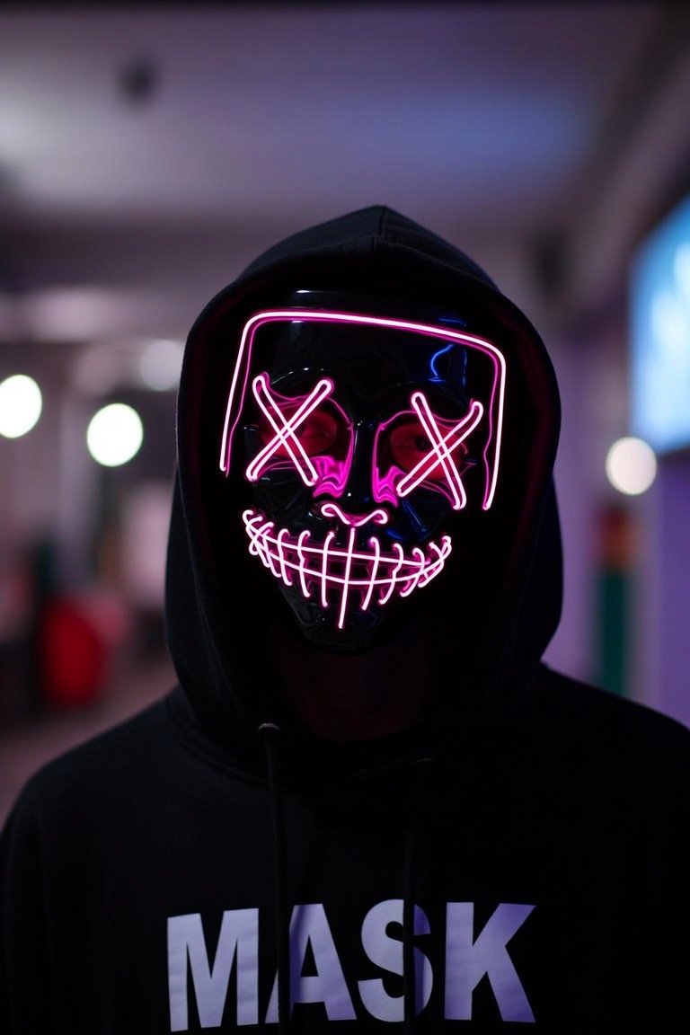 Mask — zakapturzony gość w czarnej bluzie MASK i świecącej na różowo masce z iksami zamiast oczu